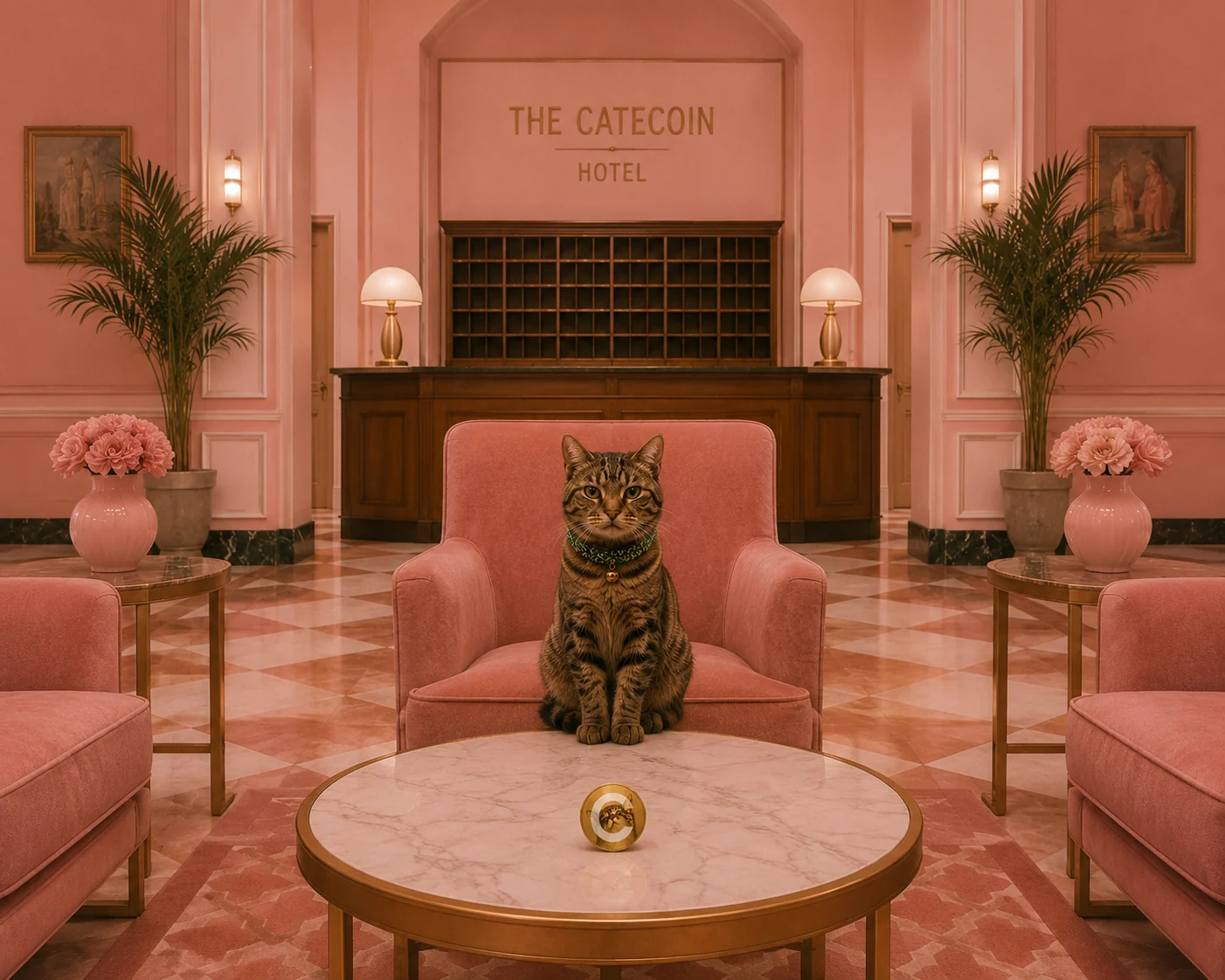 Cate seated in the pink CateCoin Hotel lobby